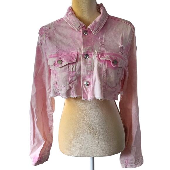 madden Jackets & Blazers - Madden NYC Cropped Tie Dye Raw Hem Pink White Denim Jean Jacket Size XL